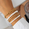 IngeSight.Z Punk Multilayer Imitation Pearls Beaded Miami Cuban Thick Bracelet Set for Women Men Gold Color Charm Wrist Chain