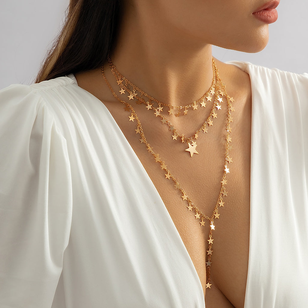 IngeSight.Z Punk Multilayer Star Long Tassel Chain Pendants Necklaces For Women Gold Color Charms Choker Necklace Set Jewelry