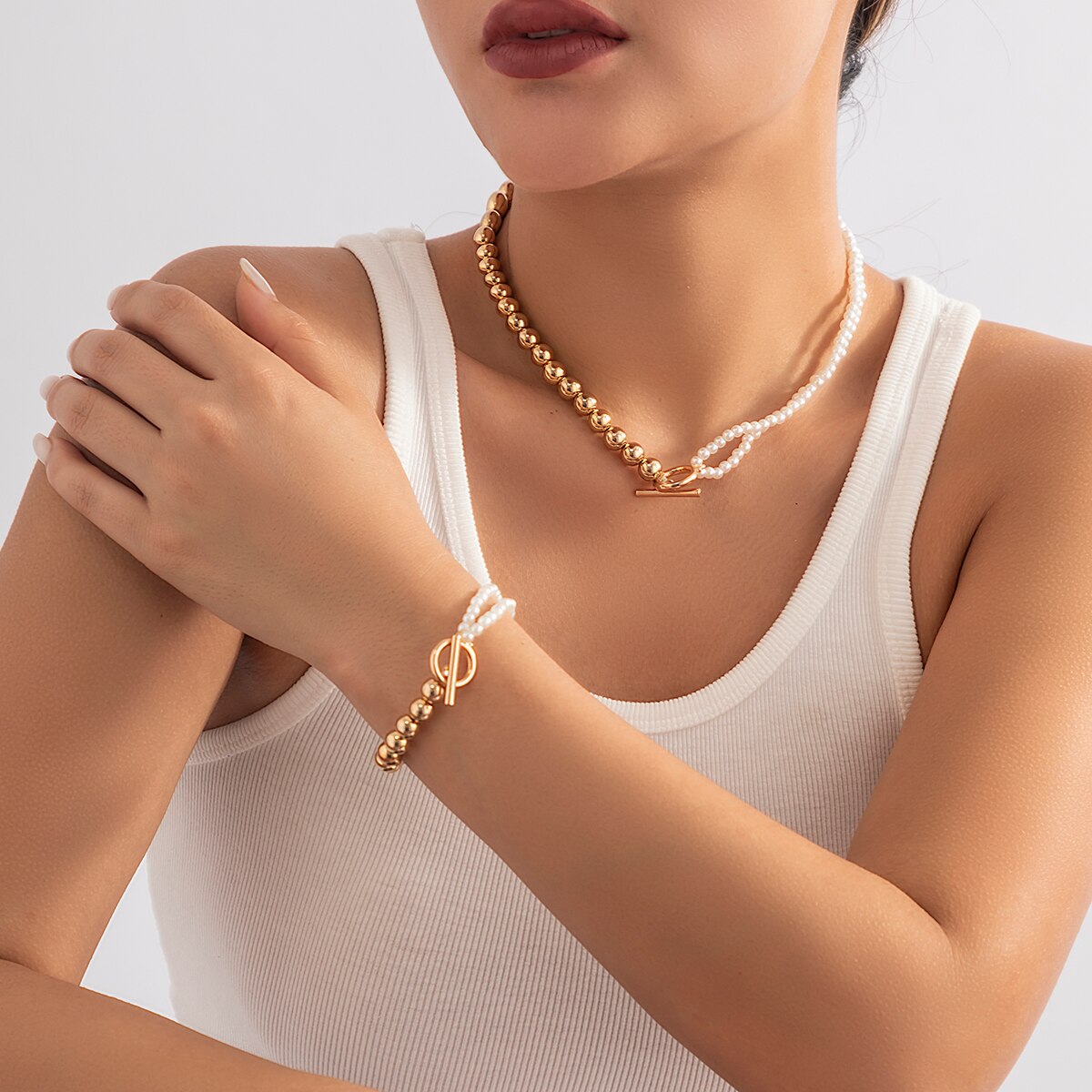 IngeSight.Z Punk Pearls CCB Beads Necklace for Women OT Buckle Bracelet Clasp Lariat Plastic Beads Choker Necklace Jewelry