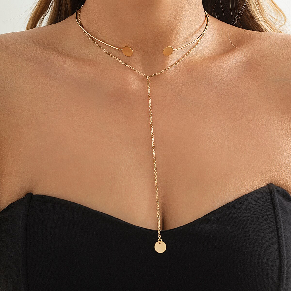 IngeSight.Z Punk Small Disc Pendant Choker Necklace Set for Women Simple Multilayer Long Tassel Chain Collares Jewelry Gift