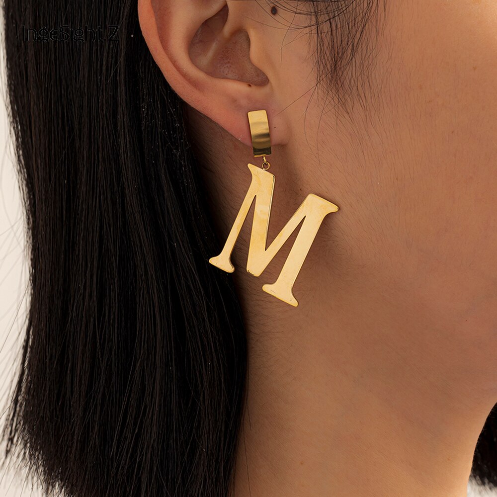 IngeSight.Z Punk Stainless Steel Letter M Pendant Drop Dangle Earrings for Women Statement Hanging Earrings Jewelry Oorbellen