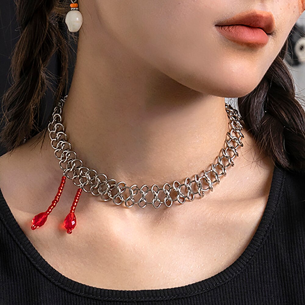 IngeSight.Z Punk Thick Twisted Choker Necklaces For Women Red Water Drop Crystal Pendant Necklace Gothic Metal Clavicle Collar
