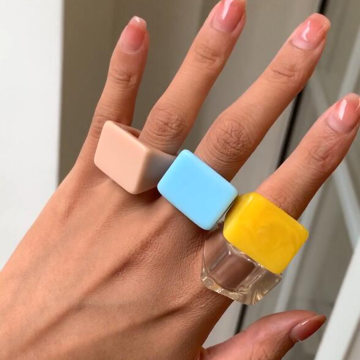 IngeSight.Z Punk Transparent Acrylic Geometric Square Rings Rainbow Colourful Resin Knuckle Finger Rings for Women Girls Jewelry