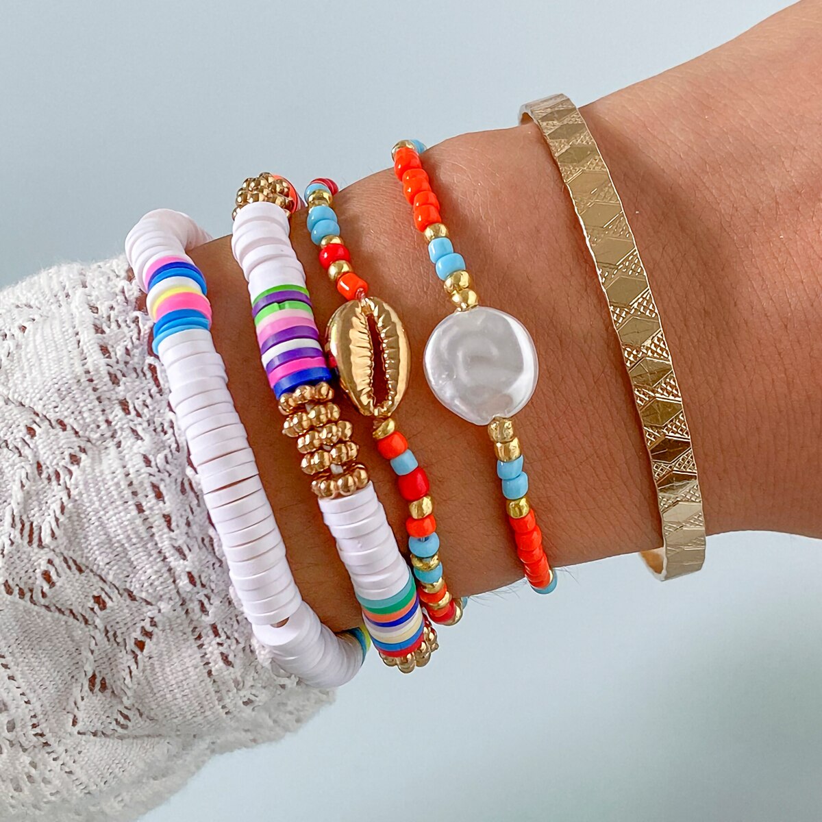 IngeSight.Z Rainbow Colorful Heishi Clay Beads Bracelets Bangles Adjustable Imitation Pearl Rope Chain Bracelets Women Jewelry