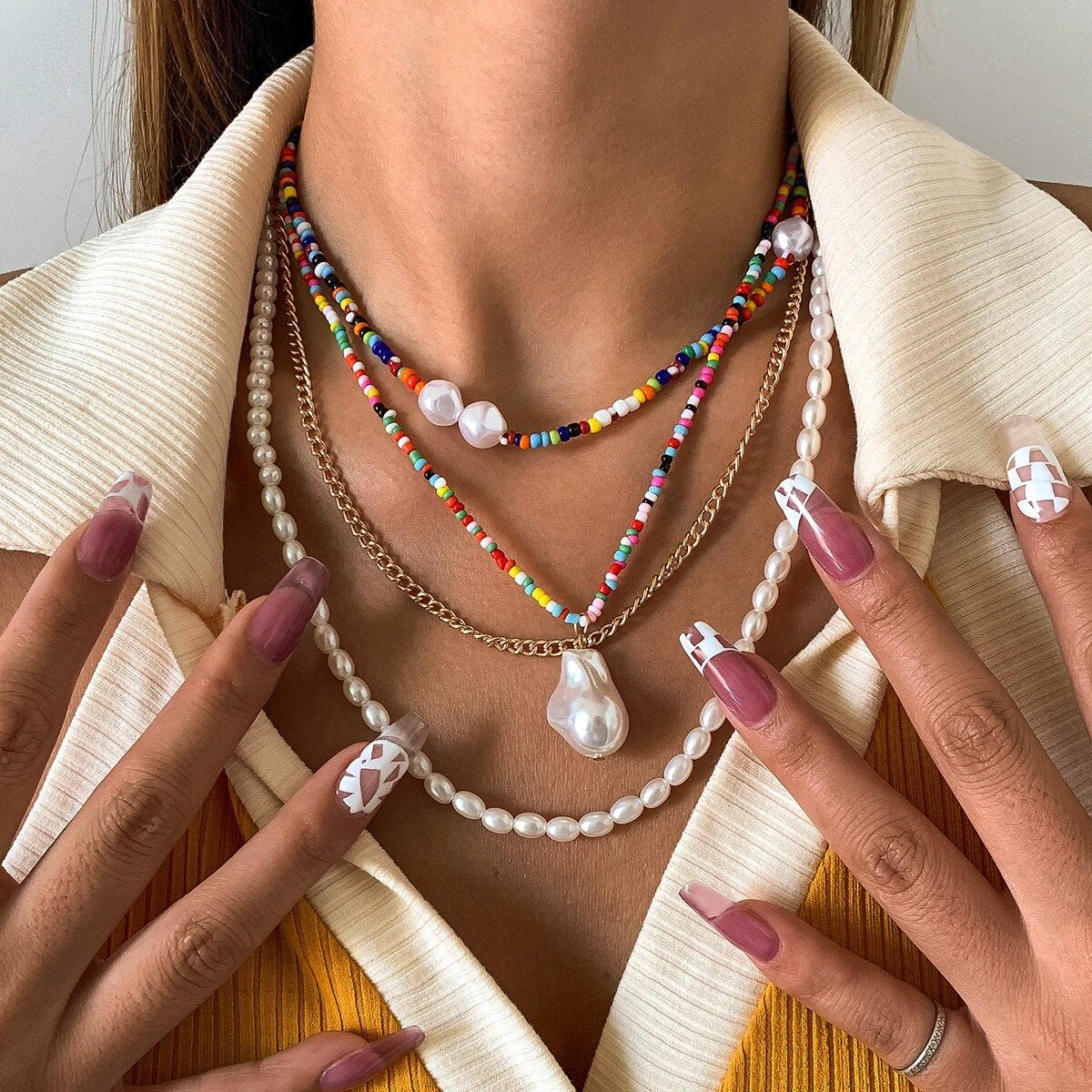 IngeSight.Z Rainbow Colorful Seed Beaded Chain Choker Necklaces Multi Layered Imitation Pearl Baroque Pendant Necklaces Jewelry