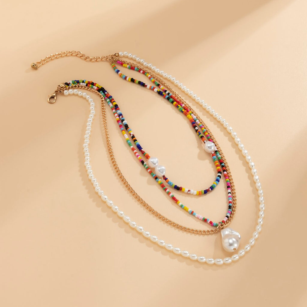 IngeSight.Z Rainbow Colorful Seed Beaded Chain Choker Necklaces Multi Layered Imitation Pearl Baroque Pendant Necklaces Jewelry