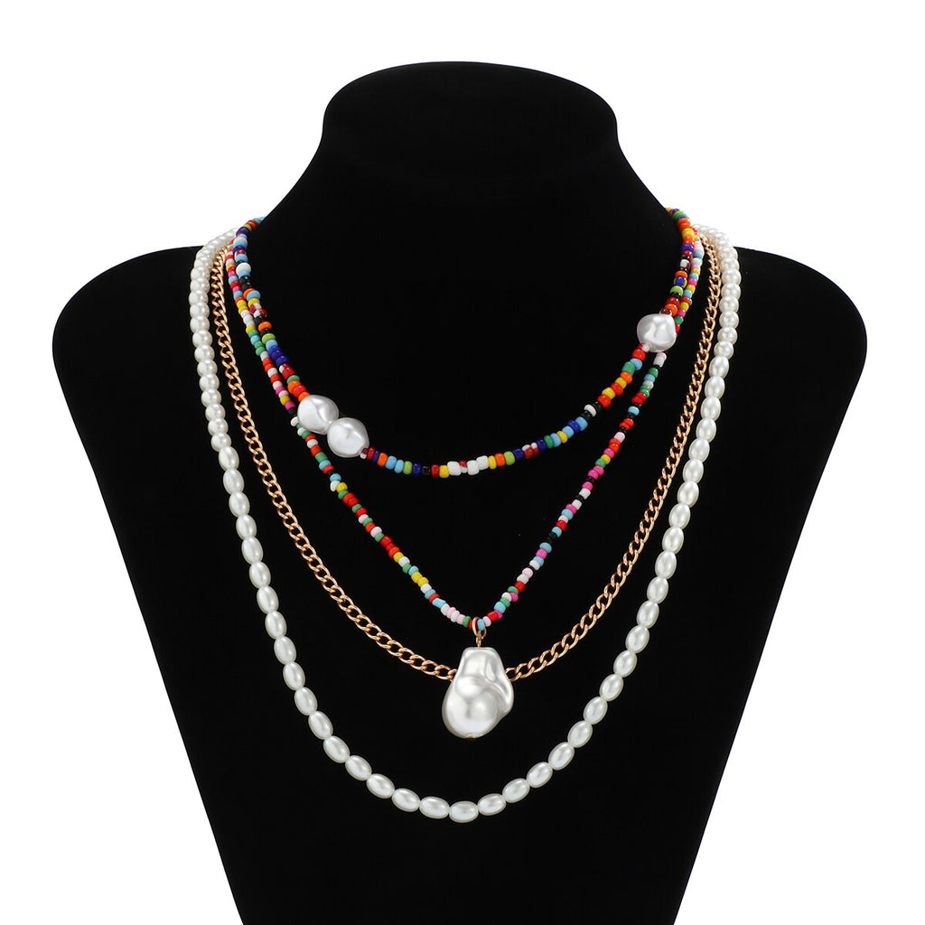 IngeSight.Z Rainbow Colorful Seed Beaded Chain Choker Necklaces Multi Layered Imitation Pearl Baroque Pendant Necklaces Jewelry