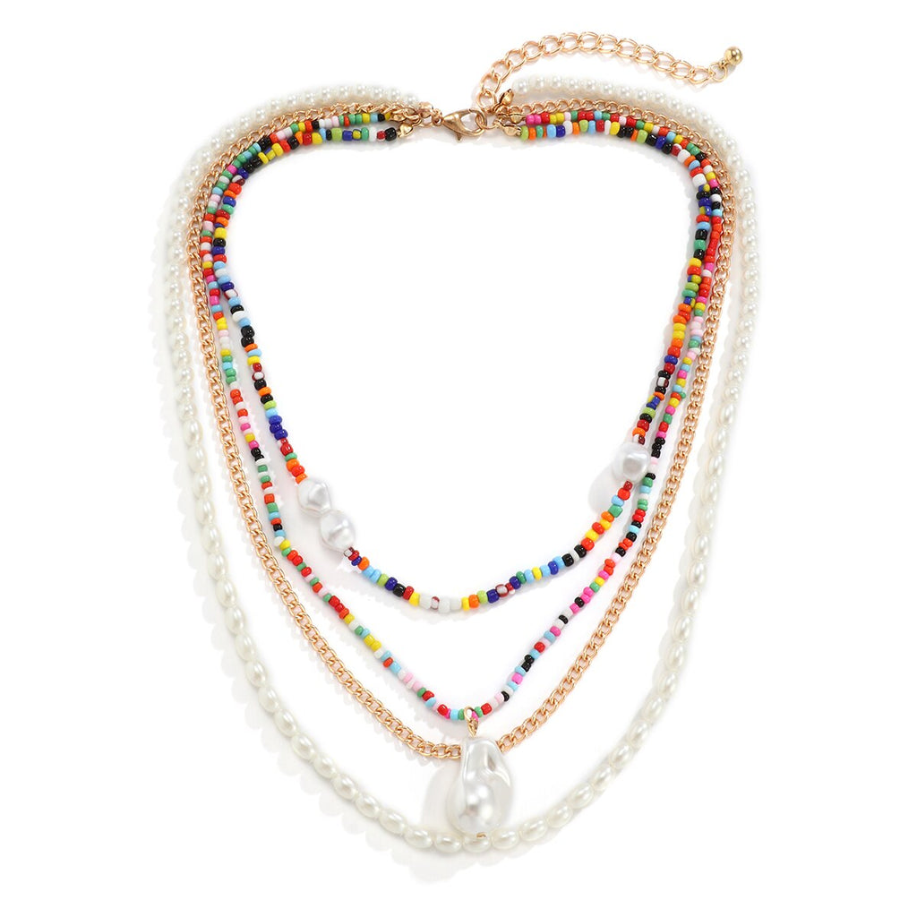 IngeSight.Z Rainbow Colorful Seed Beaded Chain Choker Necklaces Multi Layered Imitation Pearl Baroque Pendant Necklaces Jewelry