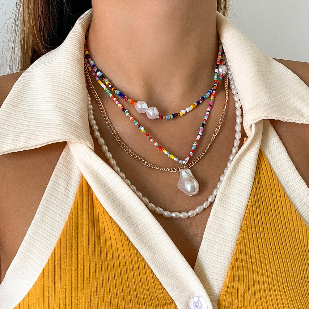 IngeSight.Z Rainbow Colorful Seed Beaded Chain Choker Necklaces Multi Layered Imitation Pearl Baroque Pendant Necklaces Jewelry