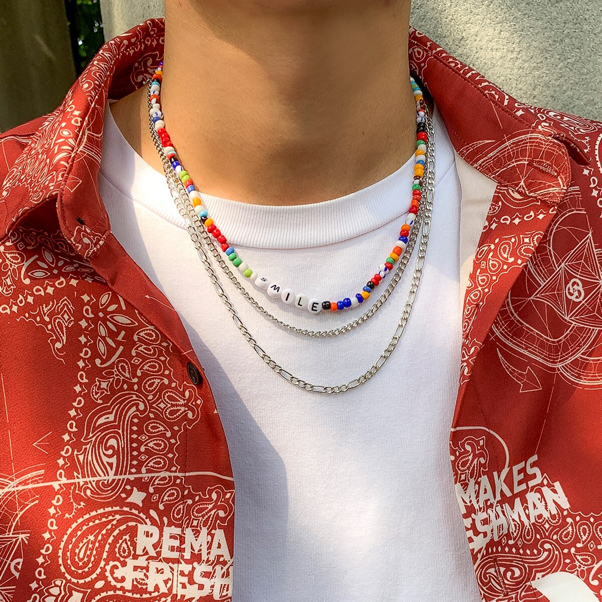 IngeSight.Z Rainbow Colorful Seed Beaded Choker Acrylic Letter Neckla Multi Layered Silver Color Neck Necklaces for Men Jewelry