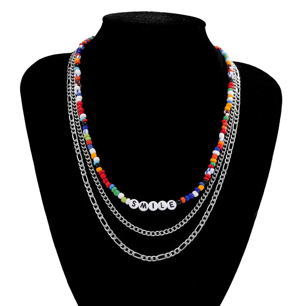 IngeSight.Z Rainbow Colorful Seed Beaded Choker Acrylic Letter Neckla Multi Layered Silver Color Neck Necklaces for Men Jewelry