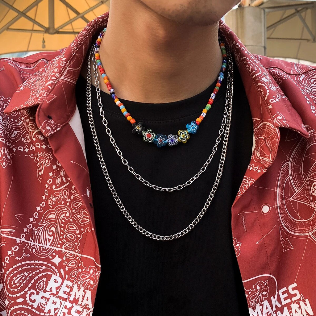 IngeSight.Z Rainbow Colorful Seed Beaded Choker Acrylic Letter Neckla Multi Layered Silver Color Neck Necklaces for Men Jewelry