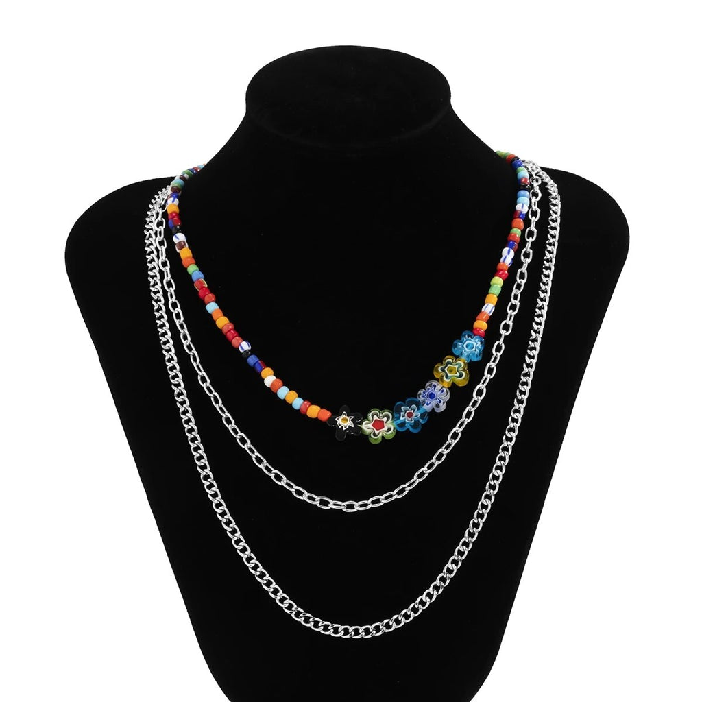IngeSight.Z Rainbow Colorful Seed Beaded Choker Acrylic Letter Neckla Multi Layered Silver Color Neck Necklaces for Men Jewelry