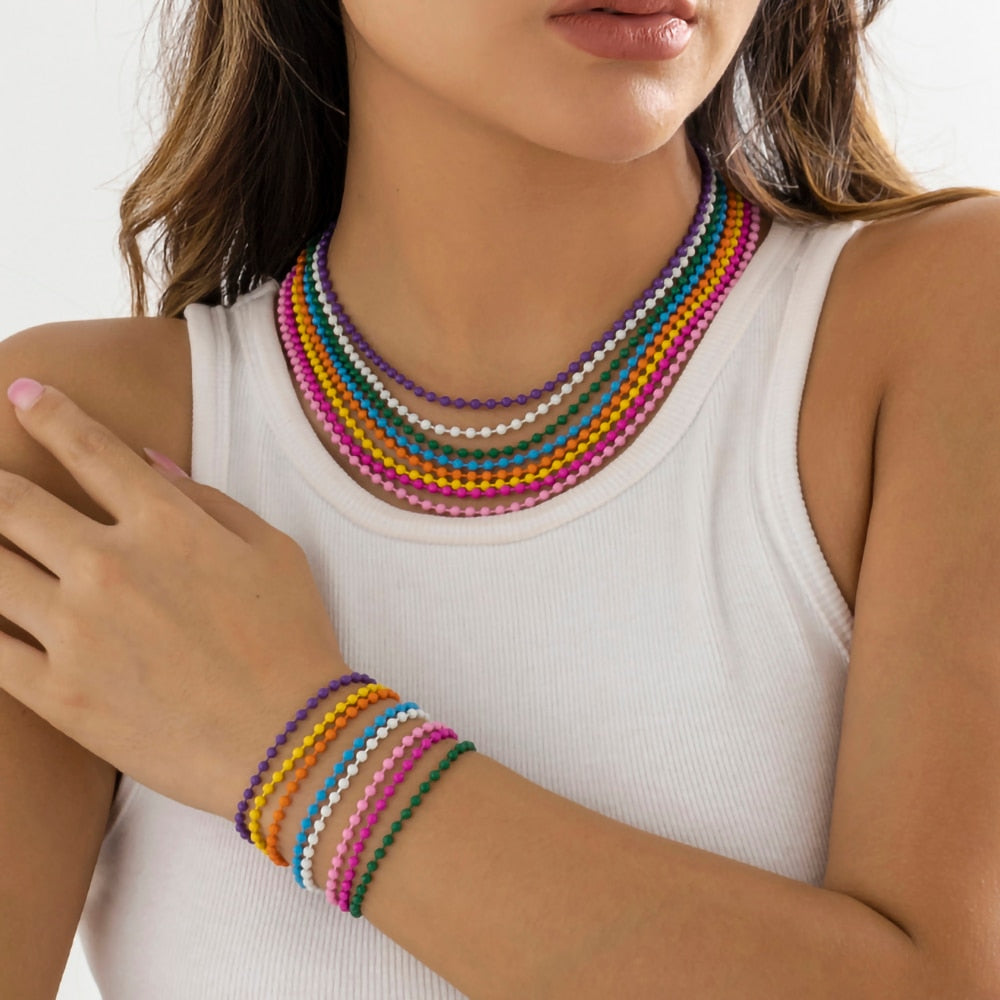 IngeSight.Z Rainbow Spray Paint Iron Chain Beads Choker Necklace for Women Boho 8 Colors Link Y2K Necklace Collier Jewelry