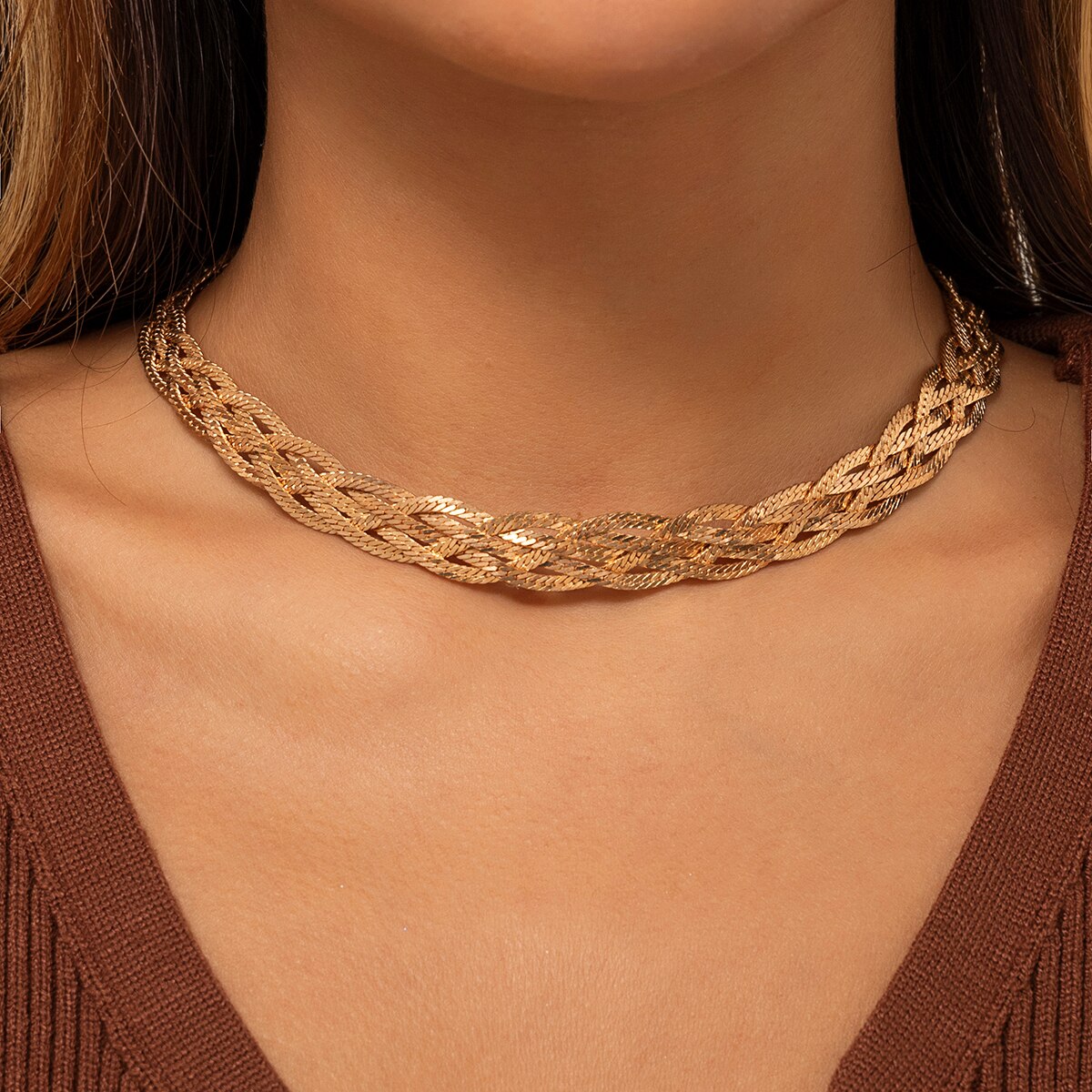 IngeSight.Z Retro Copper Cross Twisted Snake Chain Necklaces Women Gold Color Short Choker Necklaces 2022 Neck Jewelry