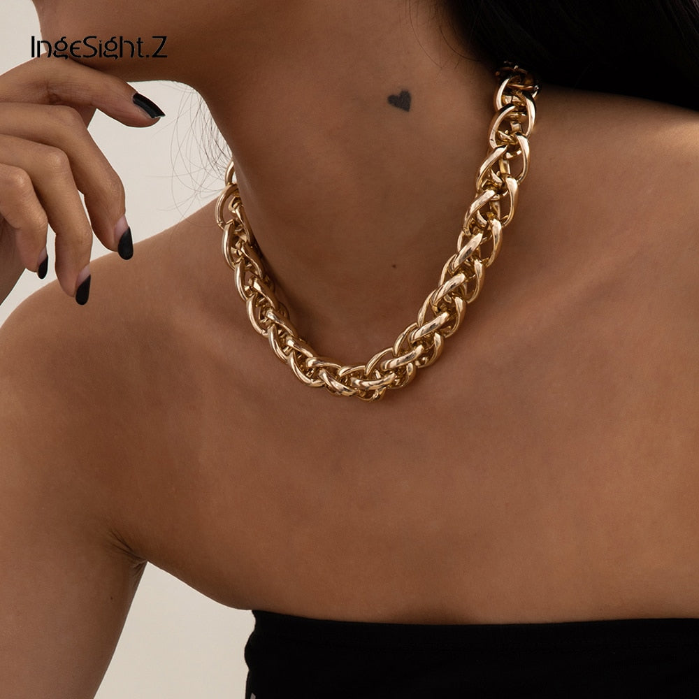 IngeSight.Z Retro Twisted Metal Curb Miami Choker Necklace Hip Hop Chunky Thick Aluminium Chain Short Clavicle Necklaces Jewelry