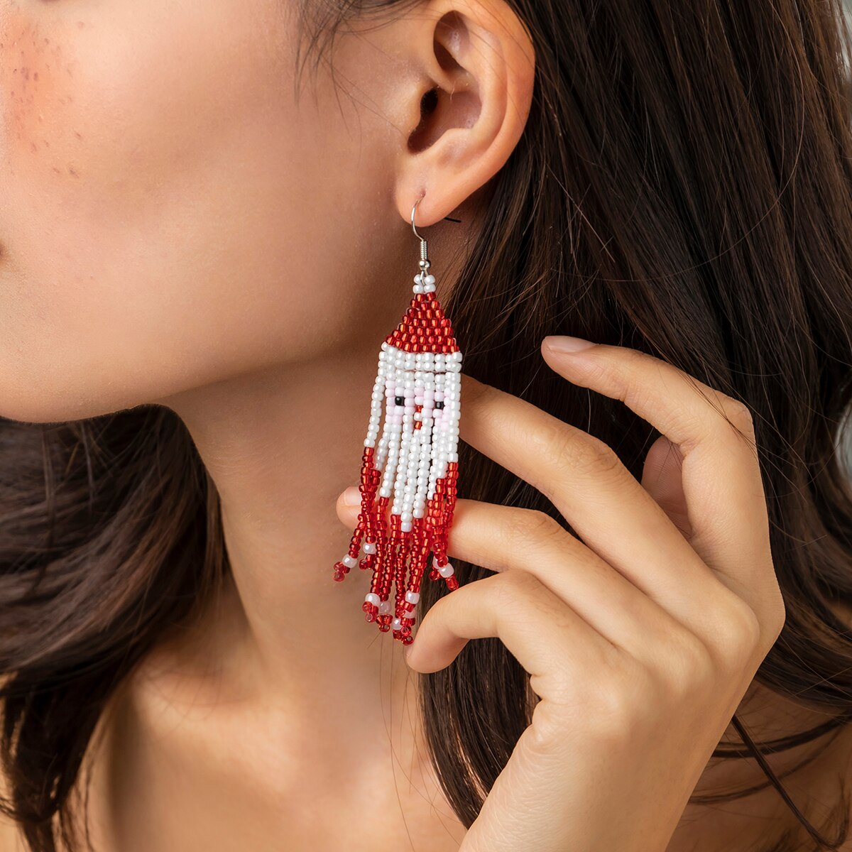 IngeSight.Z Rice Bead Long Tassel Earrings for Women Hand Weaving Red Christmas Beaded Simple Geometry Alloy Hanging Earring