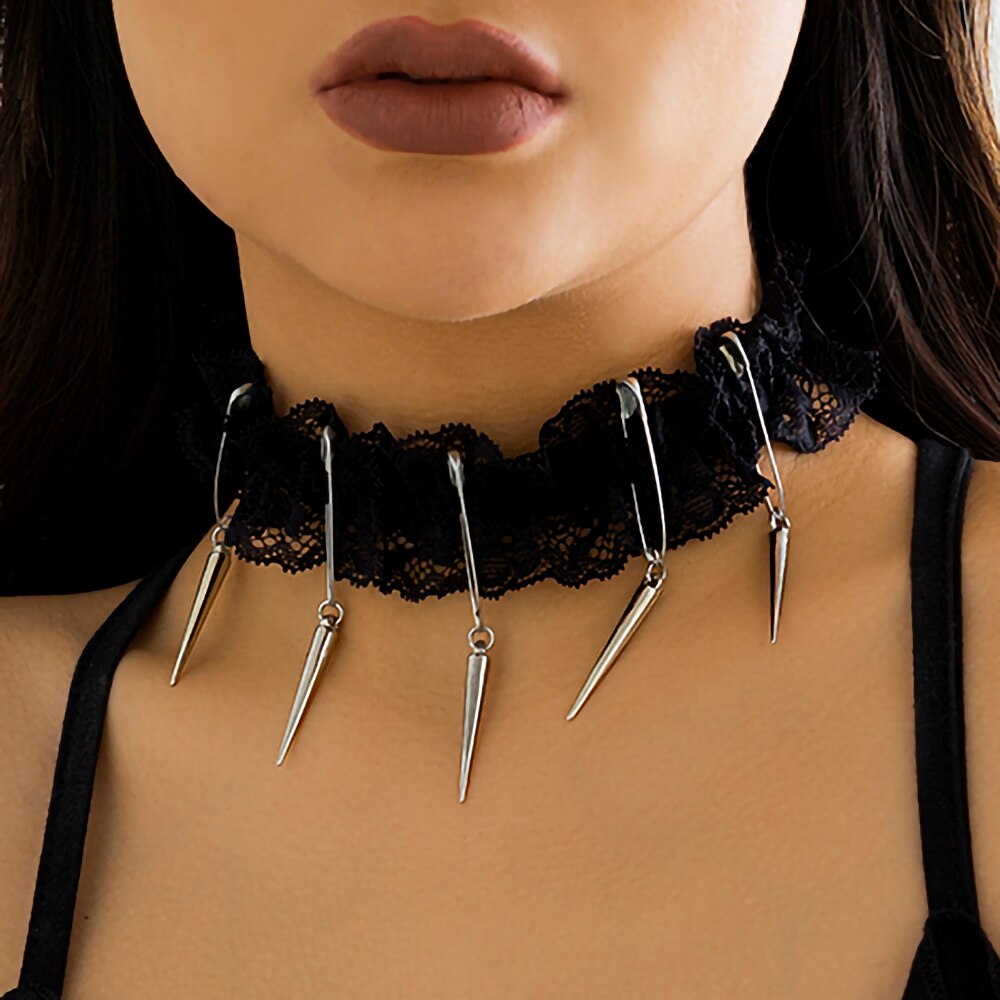 IngeSight.Z Sexy Black Elastic Flower Lace Rivet Pendant Necklace for Women Gothic Tattoo Collar Necklace Steampunk Jewelry