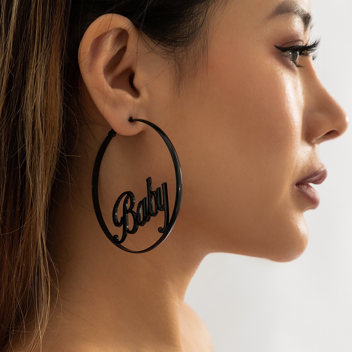 IngeSight.Z Sexy Black Large Circle Round Hoop Earrings for Women Punk Hyperbole Baby Letter Dangle Earring Hip-hop Jewelry