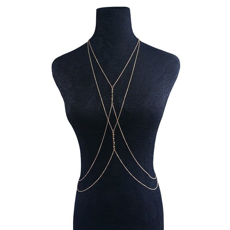 IngeSight.Z Sexy Gold Color Cross Beads Bikini Bra Body Chain For Women Multilayer Geometric Harness Belly Chains Beach Party
