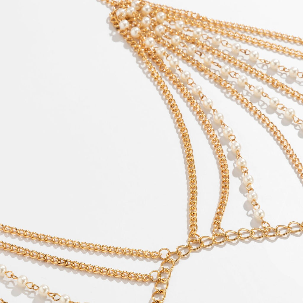 IngeSight.Z Sexy Imitation Pearl Bra Thong Body Chain Set for Female 2022 Gold Color Chain Bikini Waist Chain Beach