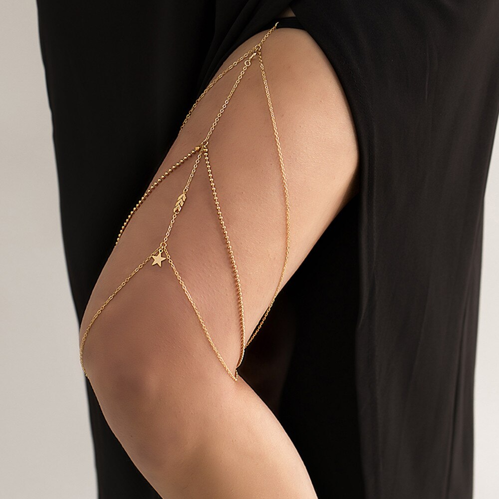IngeSight.Z Sexy Multilayer Tassel Thigh Leg Body Chain for Women Bohemian Elastic Star Pendant Summer Beach Body Jewelry