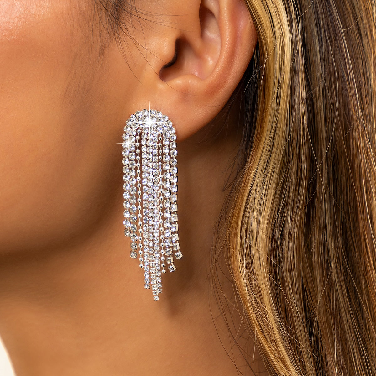 IngeSight.Z Shiny Full Iced Rhinestones Long Tassel Dangle Earrings for Women Bling Crystal Drop Earrings Piercing Ear Jewelry