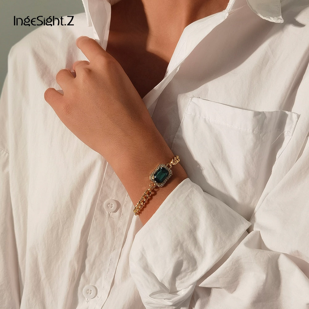 IngeSight.Z Shiny Green Color Rhinestone Crystal Bracelets Bangles Charm Elegant Curb Cuban Wrist Chain Bracelets Women Jewelry