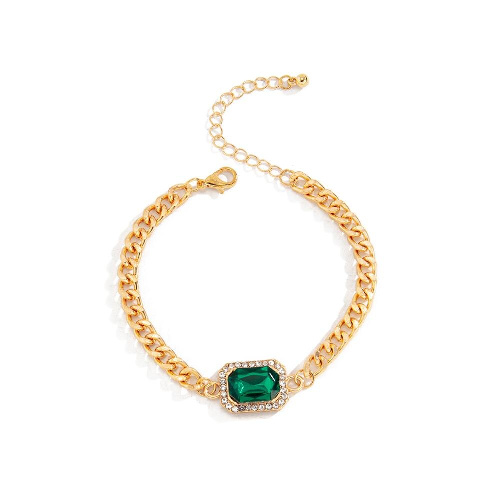 IngeSight.Z Shiny Green Color Rhinestone Crystal Bracelets Bangles Charm Elegant Curb Cuban Wrist Chain Bracelets Women Jewelry