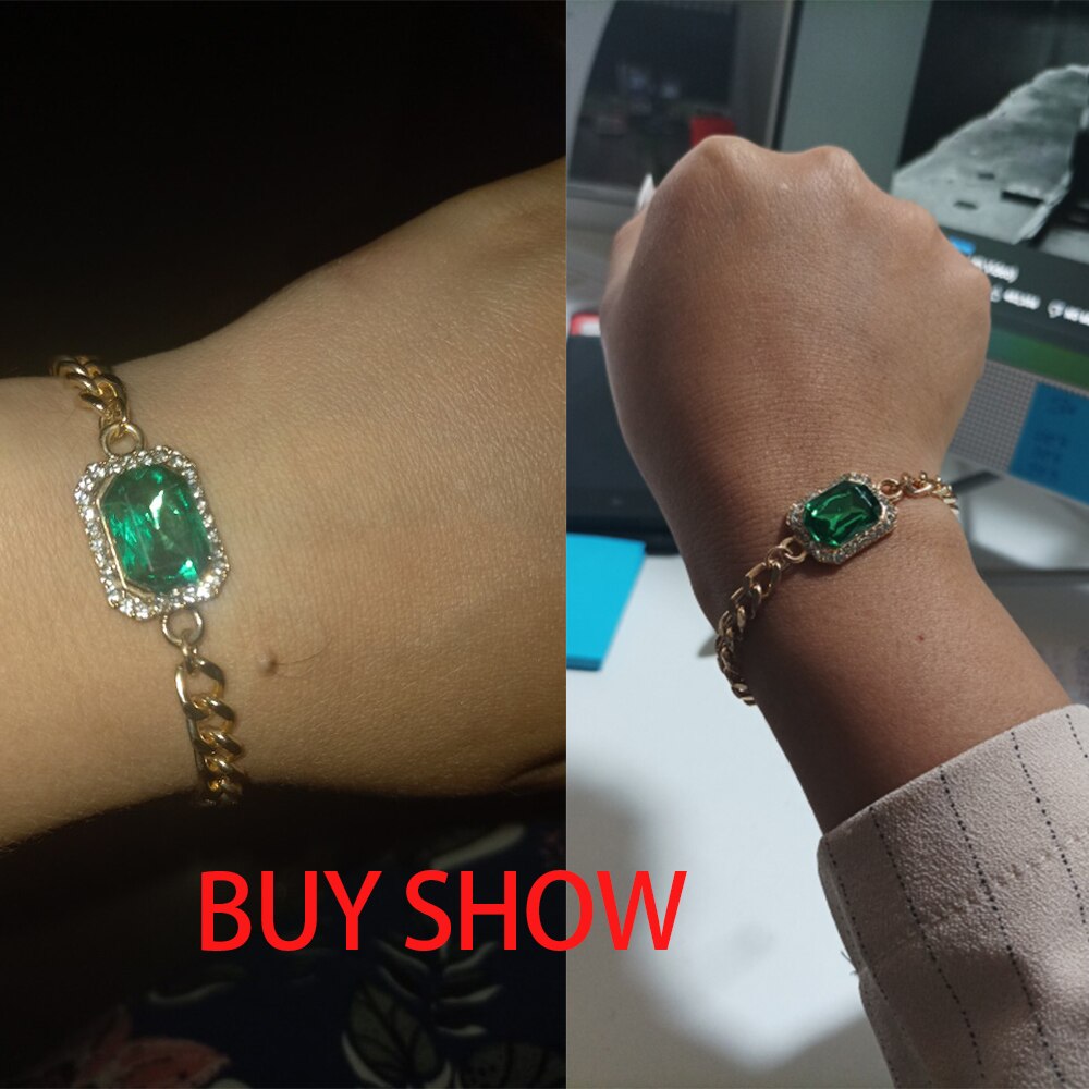 IngeSight.Z Shiny Green Color Rhinestone Crystal Bracelets Bangles Charm Elegant Curb Cuban Wrist Chain Bracelets Women Jewelry