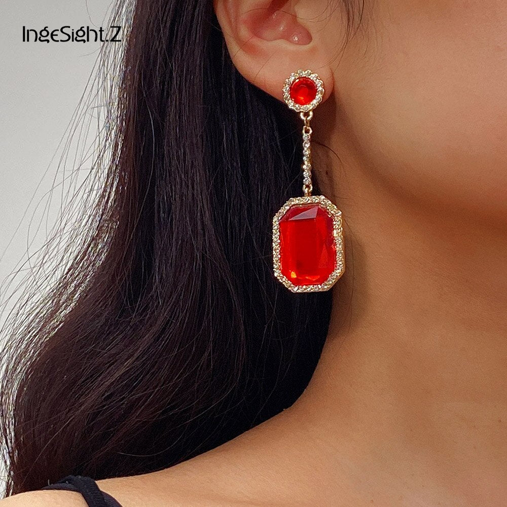 IngeSight.Z Shiny Red Color Rhinestone Geometri Square Drop Dangle Earrings  Crystal Hanging Earrings for Women Jewelry