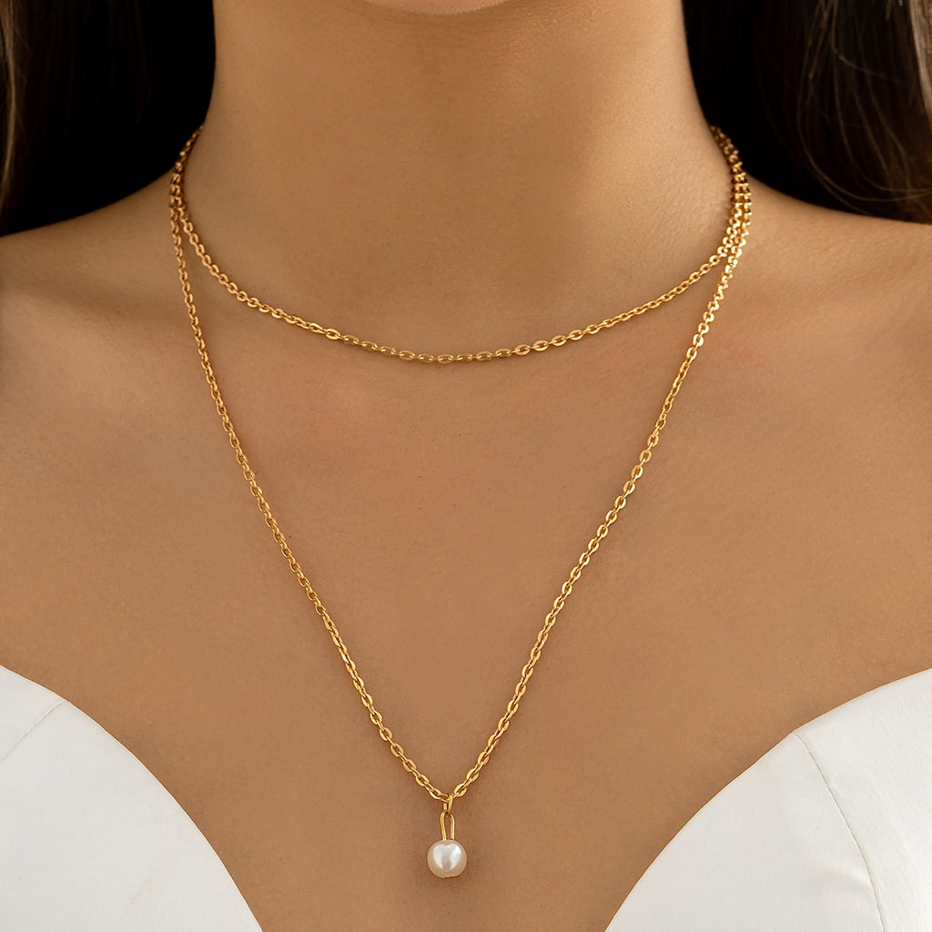 IngeSight.Z Simple Double Layer Imitation Pearl Pendant Necklace for Women Punk Gold Color Rectangle Link Chain Necklace Gift