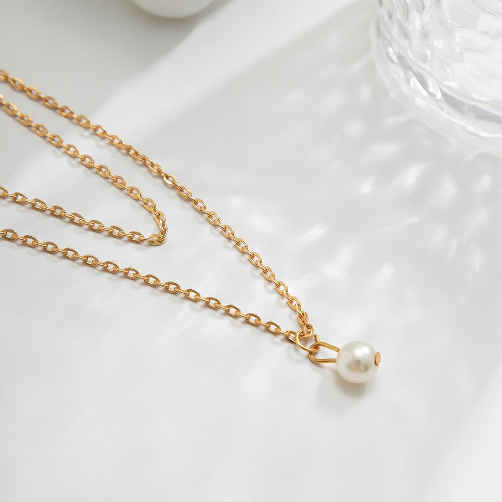 IngeSight.Z Simple Double Layer Imitation Pearl Pendant Necklace for Women Punk Gold Color Rectangle Link Chain Necklace Gift