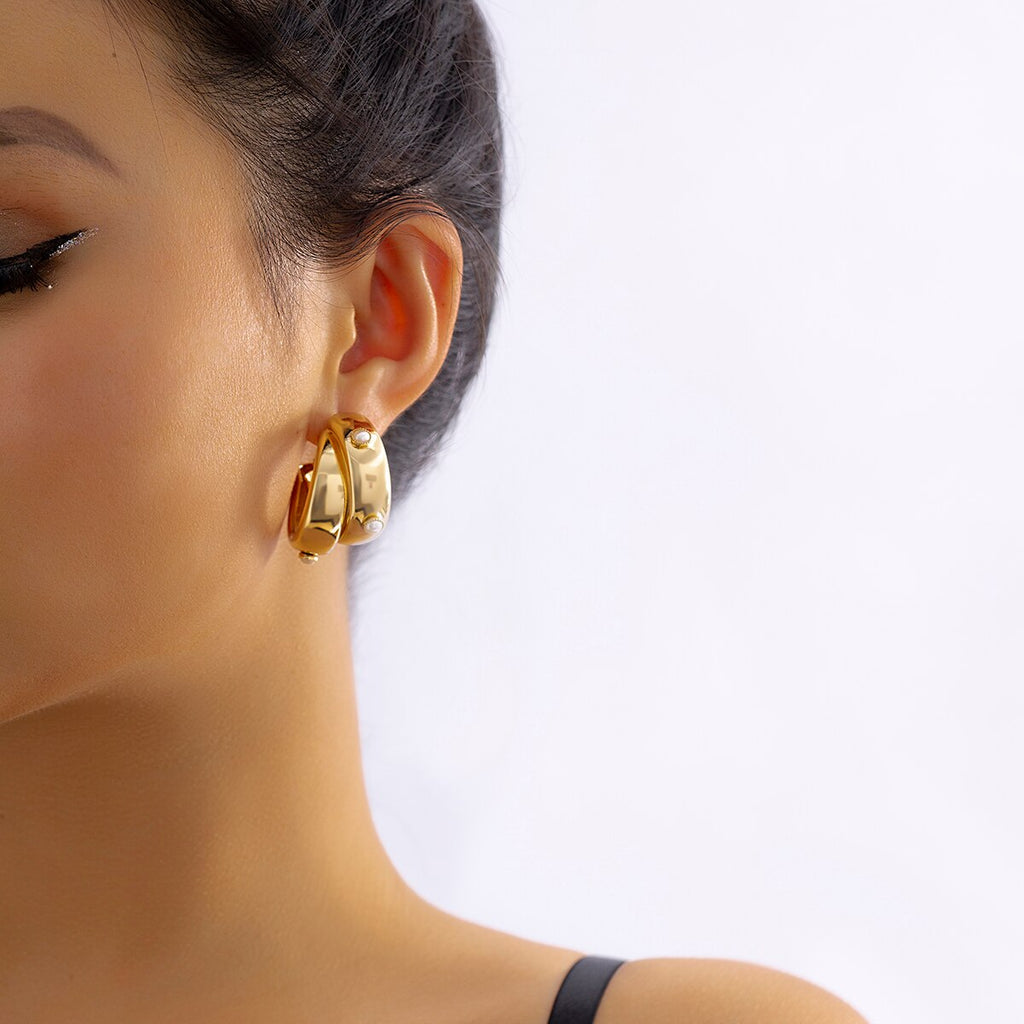 IngeSight.Z Simple Double Layers Pearl Circle C Shaped Earrings For Women Punk Gold Color Metal Thick Hoop Earrings Jewelry