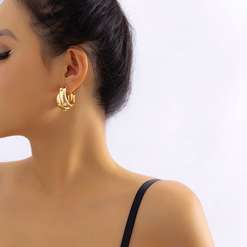 IngeSight.Z Simple Double Layers Pearl Circle C Shaped Earrings For Women Punk Gold Color Metal Thick Hoop Earrings Jewelry