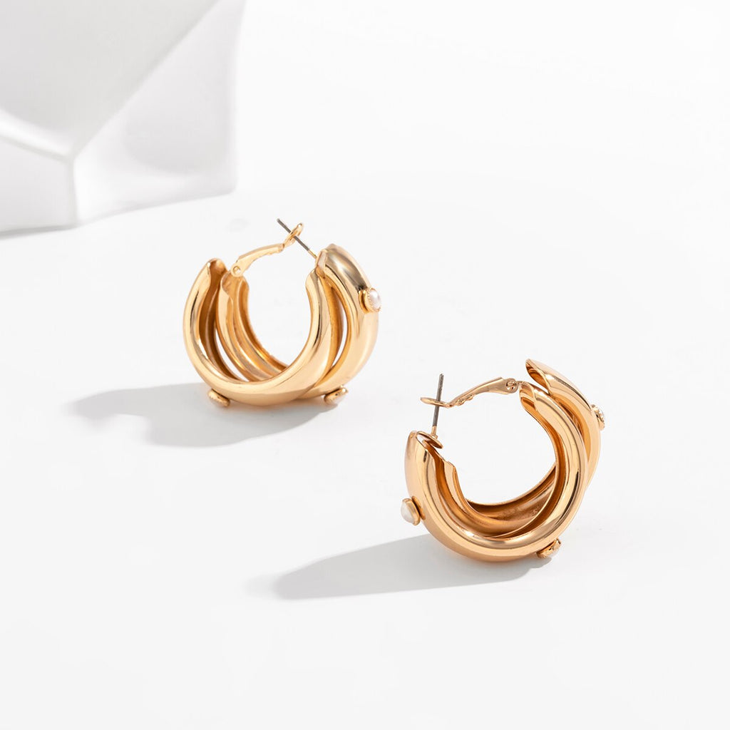 IngeSight.Z Simple Double Layers Pearl Circle C Shaped Earrings For Women Punk Gold Color Metal Thick Hoop Earrings Jewelry