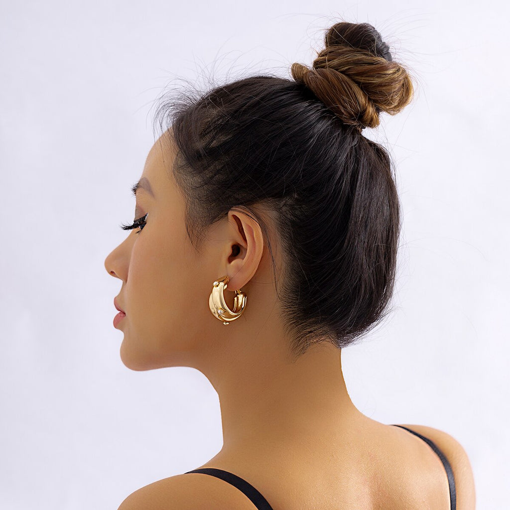 IngeSight.Z Simple Double Layers Pearl Circle C Shaped Earrings For Women Punk Gold Color Metal Thick Hoop Earrings Jewelry