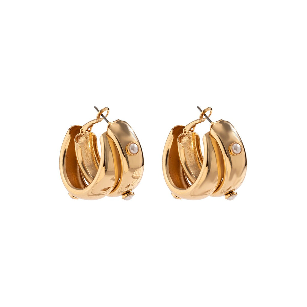 IngeSight.Z Simple Double Layers Pearl Circle C Shaped Earrings For Women Punk Gold Color Metal Thick Hoop Earrings Jewelry