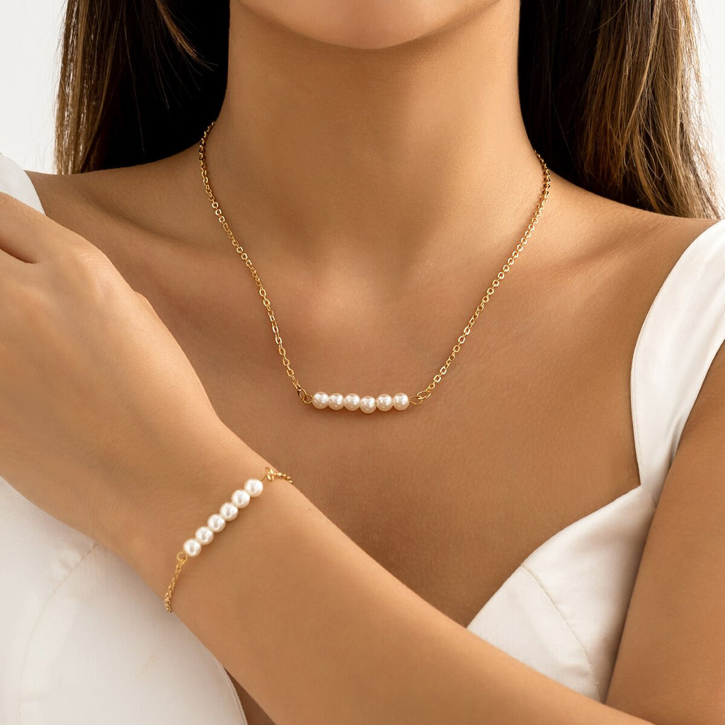 IngeSight.Z Simple Imitation Pearl Choker Necklace Bracelet Sets for Women Punk Gold Color Short Clavicle Chain Wedding Jewelry