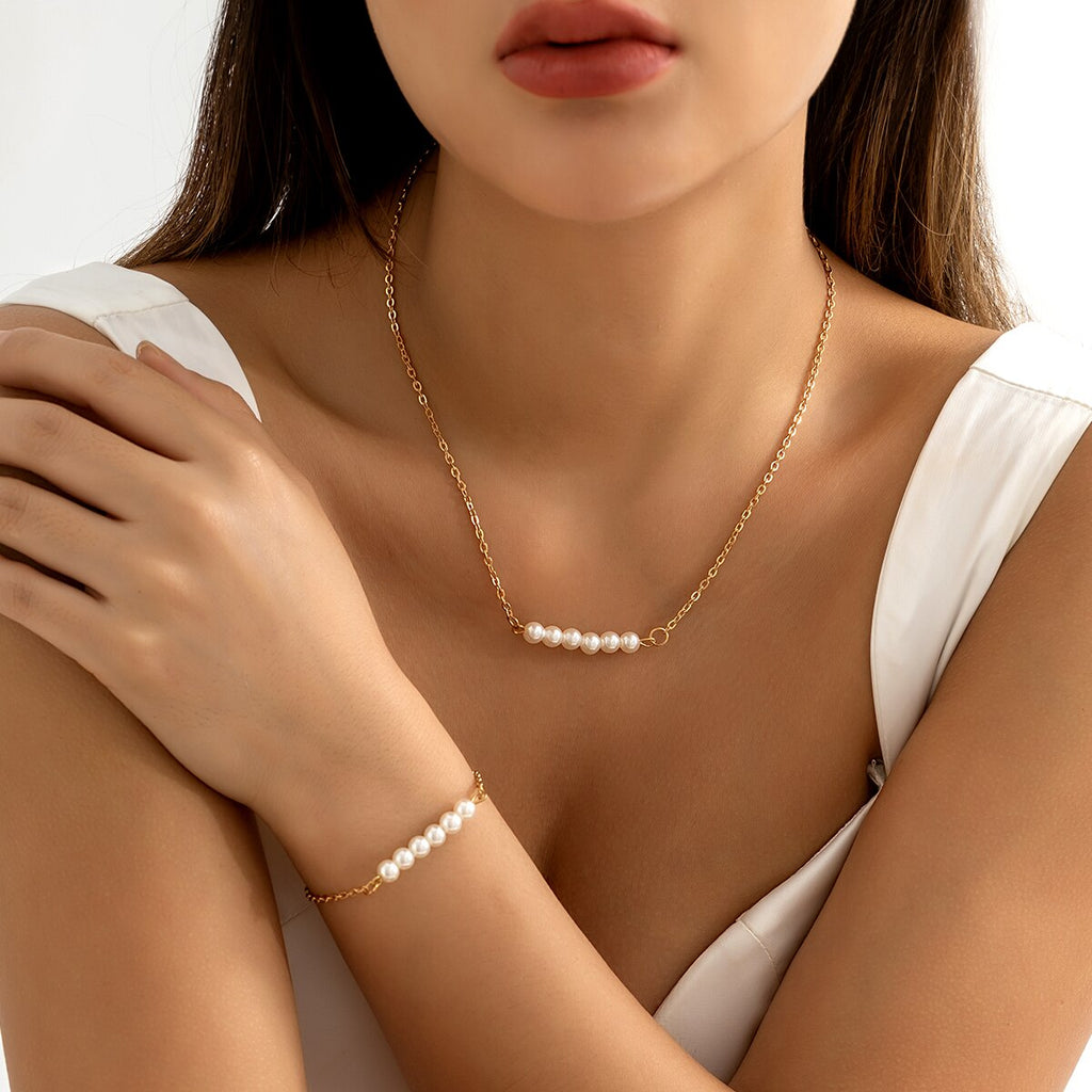 IngeSight.Z Simple Imitation Pearl Choker Necklace Bracelet Sets for Women Punk Gold Color Short Clavicle Chain Wedding Jewelry