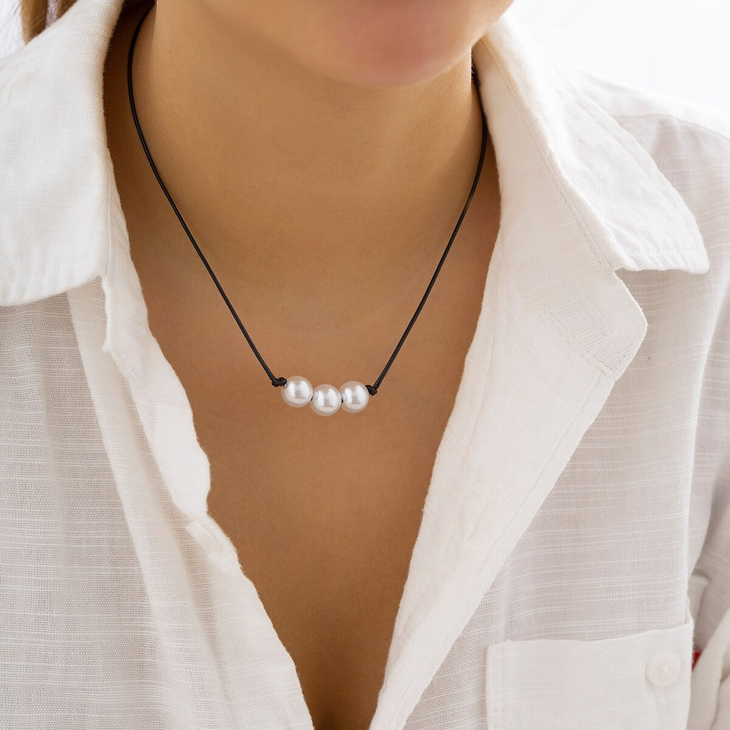 IngeSight.Z Simple Imitation Pearls Leather Wax Thread Pendant Knot Choker Necklace for Women Men Cord Knotted Handmade Jewelry