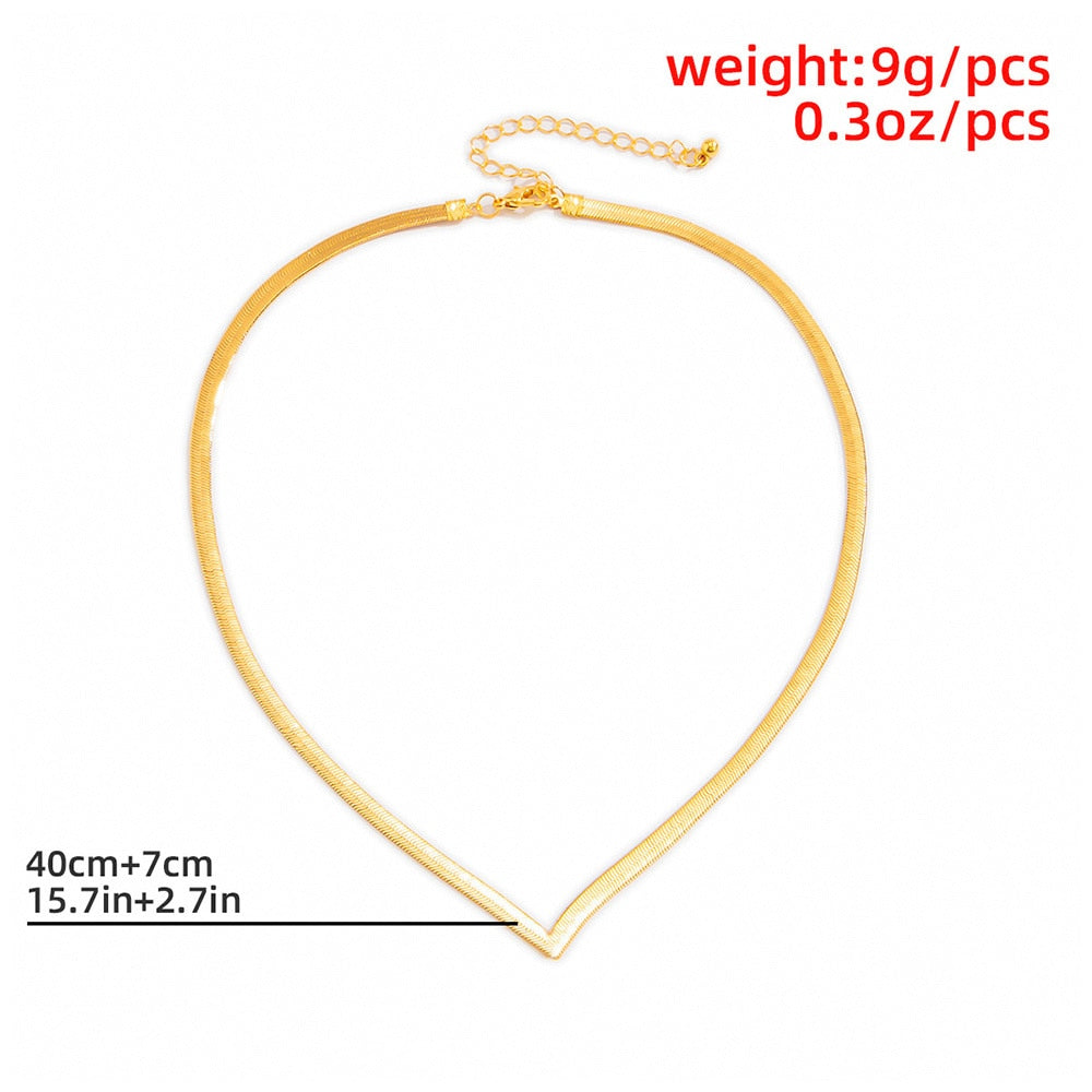 IngeSight.Z Simple Minimalist Copper Flat Snake Chain Choker Necklace Punk V-Shaped Short Collar Clavicle Necklace Women Jewelry