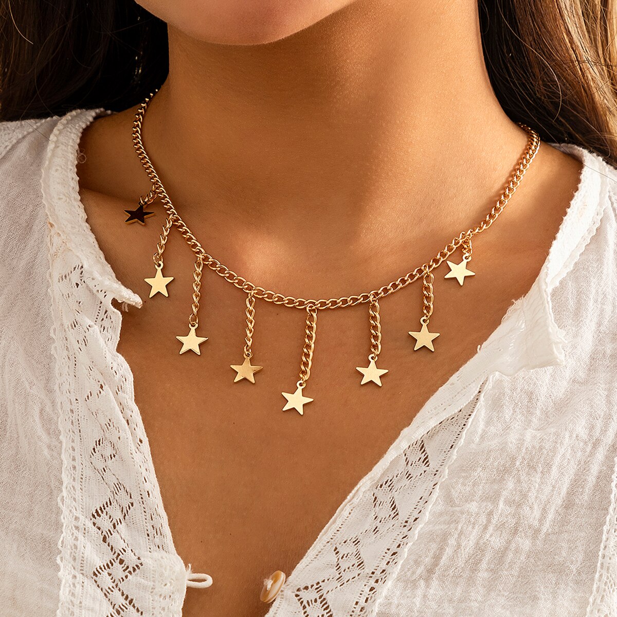 IngeSight.Z Simple Minimalist Geometric Pentagram Moon Star Pendant Necklace Gold Color Chain Choker Necklaces for Women Jewelry