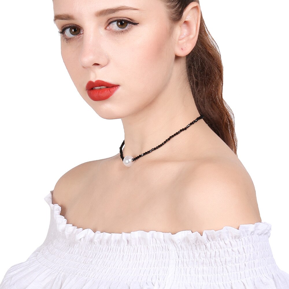 IngeSight.Z Simple Minimalist Imitation Pearl Choker Necklace Collar Statement Black Bead Clavicle Chain Neck for Women Jewelry