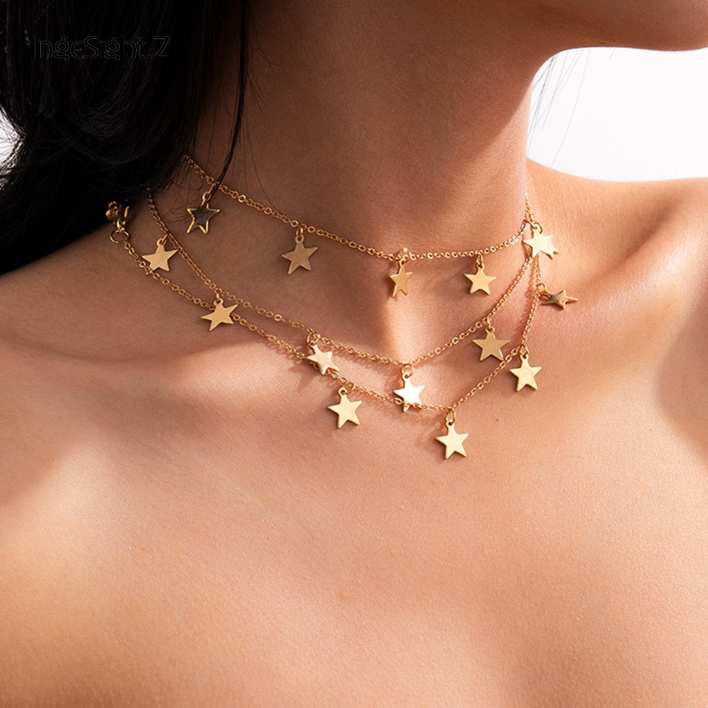 IngeSight.Z Simple Minimalist Multiple Pendant Necklace Statement Gold Color Star Tassel Choker Necklaces Collar Women Jewelry