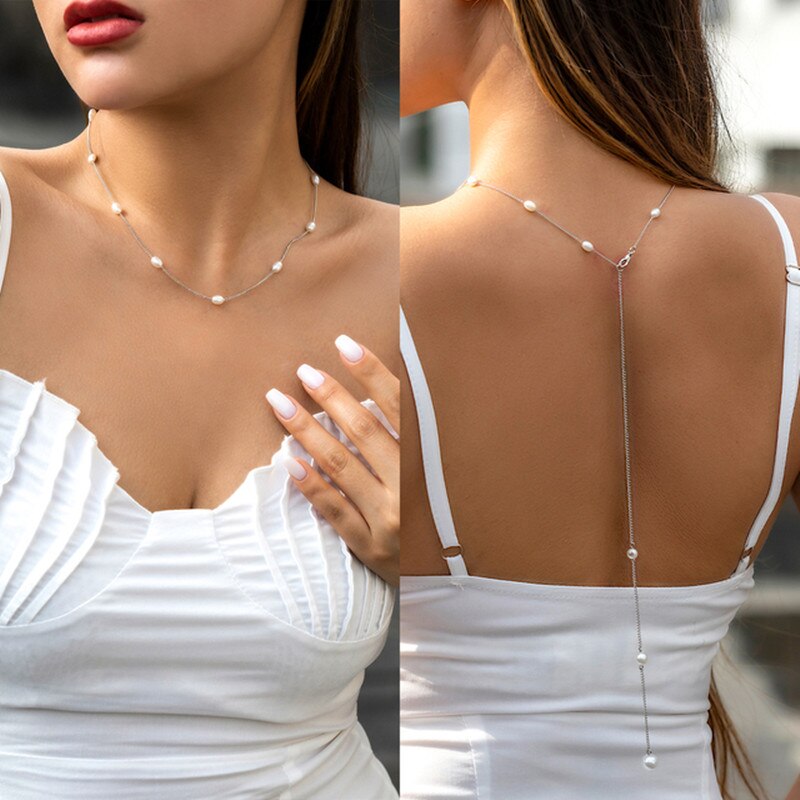 IngeSight.Z Simple Oval Pearl Chain Tassel Back Body Chain For Women Wedding Boho Imitation Pearl Pendant Necklace 2022 Beach