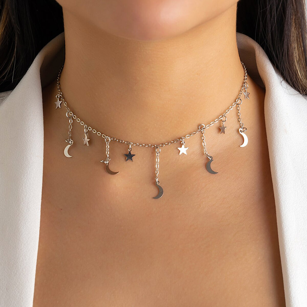 IngeSight.Z Simple Star &amp; Moon Pendant Clavicle Necklace for Women Minimalist Gold Color Tassel Link Chain Collares Jewelry