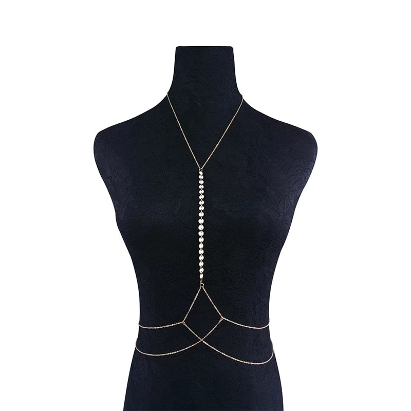 IngeSight.Z  Simple Style Cross Chest Belly Body Chain for Women Sexy Copper Sequins Bikini Beach Necklace Waist Chain Jewelry