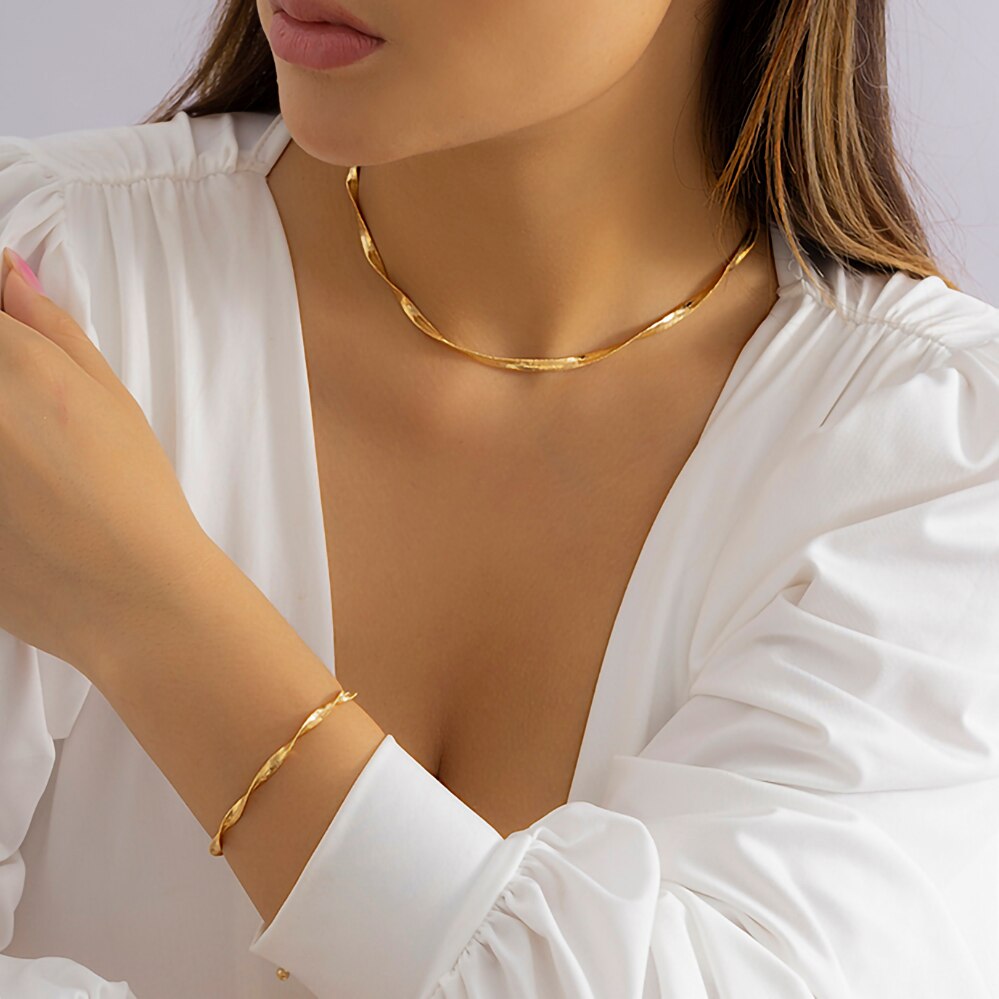 IngeSight.Z Simple Twisted Flat Snake Chain Choker Necklaces for Women Vintage Gold Color Cross Clavicle Necklaces Bracelets