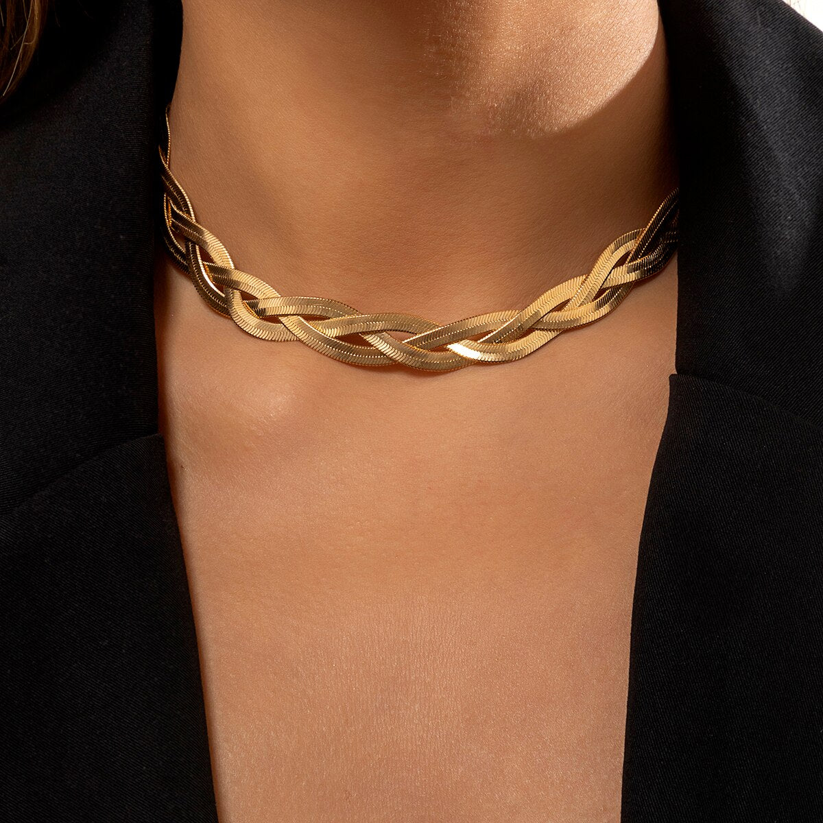 IngeSight.Z Twisted Cross Copper Flat Blade Snake Chain Choker Necklaces Gold Color Short Necklaces Collar Women Neck Jewelry